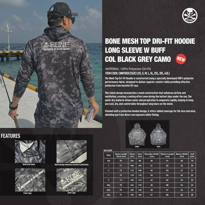 Bone Mesh Top Dri-Fit Hoodie Long Sleeve w buff CN Black Grey Camo